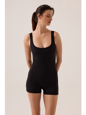 Los Ojos x Ece Siyah Kare Yaka Askılı Kısa Spor Tulum Unitard