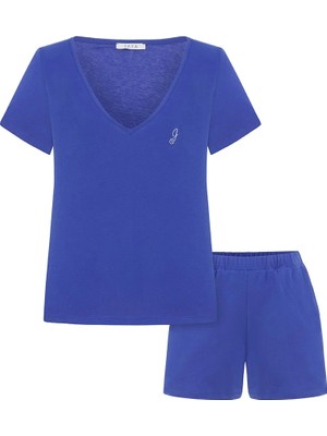 Jaya Pamuklu V Yaka Kısa Şortlu Pijama Takımı / Saks Mavisi