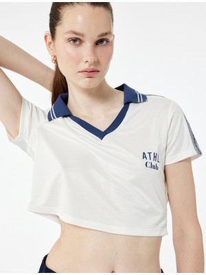 Koton Kısa Kollu V Yaka Biyeli Baskılı Crop Spor Tişört