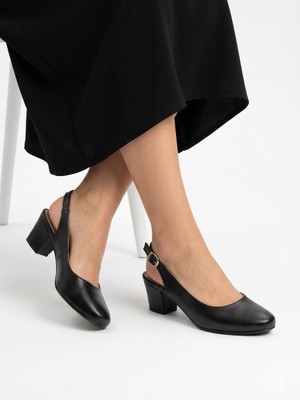 Kaof Shoes Kadın Siyah Topuklu Ayakkabı Klasik Ayakkabı Topuklu Anne Ayakkabısı Arkası Açık Topuklu Ayakkabı