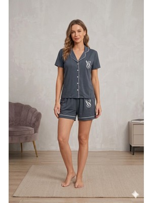 Kiss Me Pamuklu Gömlek Yaka Düğmeli Rahat Şık Şortlu Pijama Takımı