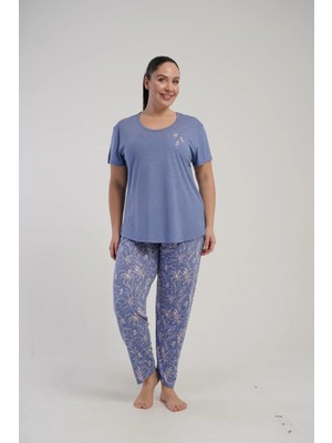C&city Büyük Beden Yuvarlak Yaka Kısa Kollu Pijama Takımı Mor-512248