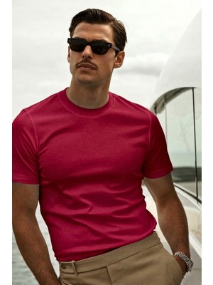 Guaraz Erkek Slimfit Dar Kesim Kırmızı Bisiklet Yaka %100 Organik Pamuk Düz Basic Yazlık T-Shirt