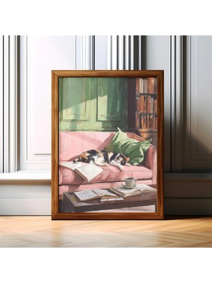 Ninastore Kahve ve Kitap Tutan Alacalı Kedi Baskısı - Neşeli Kedi Kitap Sever Dekorasyonu - Vintage Pembe