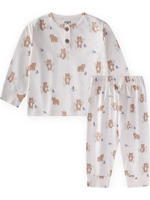 Cigit Animal Desenli Pijama Takım 1-5 Yaş Kırık Beyaz