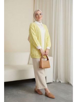 Moda Morfo Fiyonk Desenli Ajurlu Triko Hırka -Sarı