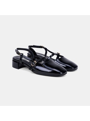 Desa Kadın Siyah Ince Bantlı Slingback Kısa Topuklu Rugan Deri Ayakkabı
