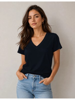 Organickid Basic Kadın V Yaka Siyah T-Shirt