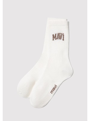 Mavi Logo Baskılı Ekru Soket Çorap 0911160-22937