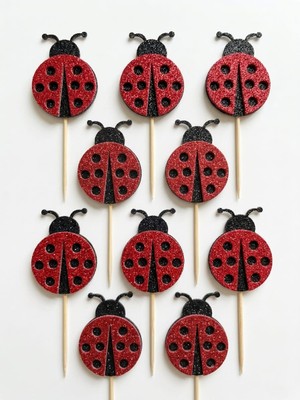 Hediyebigi Uğur Böceği Simli Cupcake Kürdanı Doğum Günü Parti ve Pasta Süsü 10LU 5 cm