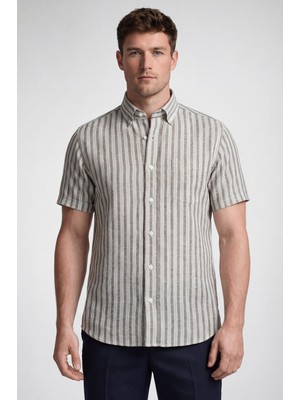 Bisse Erkek Regular Fit Kısa Kol Paşa Yaka Cepli Keten Bej Gömlek BSGMKTN25324_D07