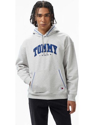 Tommy Hilfiger Jeans Varsity Pipping Hood Erkek Gri Hoodie
