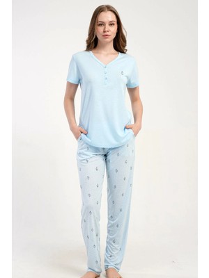 C&city Damla Yaka Yarım Düğmeli Pijama Takımı Açık Mavi-512230