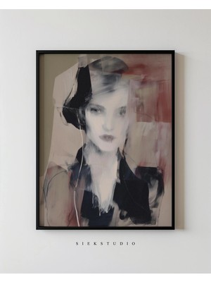 Ninastore Soyut Kadın Portresi Duvar Sanatı - Şapkalı Şık Bayan Poster Baskısı - Bej Siyah Çağdaş Sanat Eseri