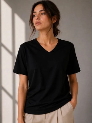 Gökyüzü Moda V Yaka Basic Tişört Kısa Kol Yazlık Regular Fit T-Shirt - Siyah