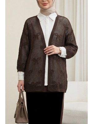 Moda Morfo Fiyonk Desenli Ajurlu Triko Hırka -K. Kahve