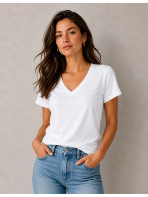 Organickid Basic Kadın V Yaka Beyaz T-Shirt