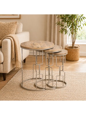 Çelsan Lina 3’lü Yuvarlak Çam Desenli Zigon Sehpa – Cappuccino Metal Ayak