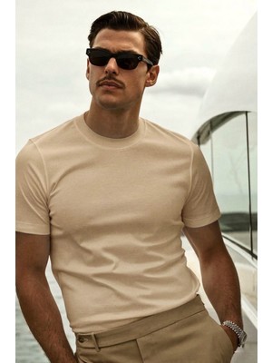 Guaraz Erkek Bej Slimfit Dar Kesim Bisiklet Yaka %100 Organik Pamuk Düz Basic Yazlık T-Shirt