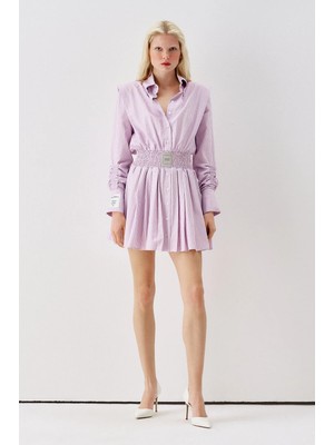 Sagaza Studio SS6165 Beli Lastikli Mini Gömlek Elbise