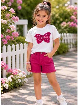 Lovinya Kids Taş Fiyonk Detaylı Kot Şortlu Takım