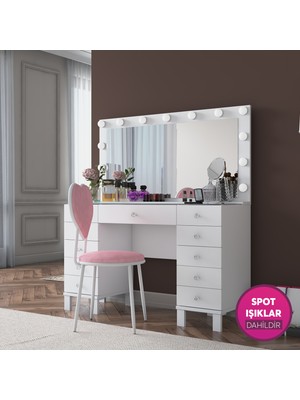 Rani BJ181 Hollywood Işıklı Aynalı Makyaj Masası Kalpli Sandalye Takım Beyaz