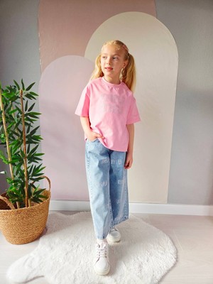 Butik Kız Çocuk Kristal Taş Detaylı Taşlanmış Jean ve %100 Pamuk Tişört Kombin - Barbie Stil