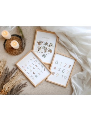 Ninastore Eğitici Posterler - 3'lü Çocuk Baskısı Seti - Tarafsız Alfabe ve Sayı Baskıları - Yazdırılabilir -