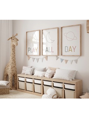 Ninastore Tüm Gün Oyun Oyna - 3'lü Oyun Odası Baskı Seti - Minimalist Çocuk Odası - Yazdırılabilir Poster -
