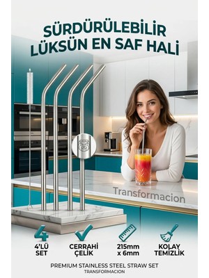 Transformacion Paslanmaz Çelik Metal Pipet Seti 4'lü - Yıkanabilir Fırçalı Çevre Dostu Pipet 723136