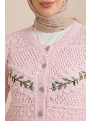Moda Morfo Düğmeli Önü Nakışlı Ajurlu Triko Hırka  -Pembe