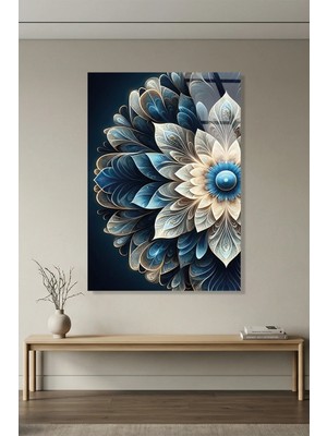 Vitraum Turkuaz ve Lacivert Geometrik Çiçek Mandala Cam Tablo Premium 4mm Uv Baskılı Kırılmaz Duvar Tablosu