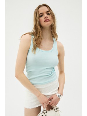 Ethiquet Lıllesol Kadın Fitilli Görünümlü Slim Fit Vücuda Oturan Havuz Yakalı Pamuklu Basic Turkuaz Atlet