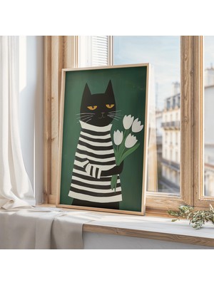 Ninastore Lalelerle Süslü Siyah Kedi Duvar Sanatı - Neşeli Kedi Dekorasyonu - Orta Çağ Moderni Kedi Baskısı -