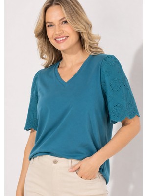 Mamayaga Kadın V Yaka Kolları Güpürlü Curve Büyük Beden Spor Şık %100 Cotton Tshirt Bluz
