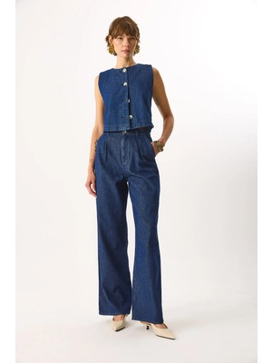 Vena Chloe Wide Leg Dark Blue %100 Pamuk Jean Palazzo Pantolon - DARK BLUE