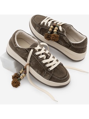 Marjin Kadın Sneaker Kalın Taban Denim Çıkarılabilir Boncuklu Tokalı Spor Ayakkabı Porento Kahve Kot