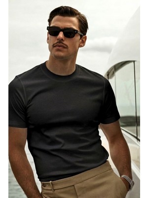 Guaraz Erkek Siyah Slimfit Dar Kesim Bisiklet Yaka %100 Organik Pamuk Düz Basic Yazlık T-Shirt