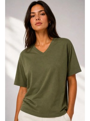 Beruflic V Yaka Basic Tişört Kısa Kol Yazlık Regular Fit T-Shirt - Haki
