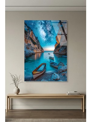 Vitraum Gece Yıldızlı Gökyüzü ve Tekne Manzaralı Köy Cam Tablo, Ev ve Ofis Uv Baskılı Premium Kırılmaz 4mm