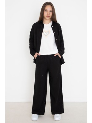 Cansın Mini Siyah Çizgi Desen Gömlekli Geniş Paça Pantolonlu Badili Kız Çocuk 3lü Takım 24077