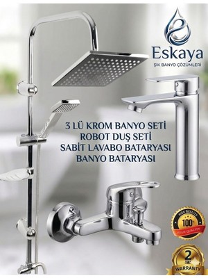 Eshome 3'lü Banyo Seti; Krom Robot Duş Seti, Banyo Bataryası ve Sabit Lavabo Bataryası - 3'lü Batarya Seti
