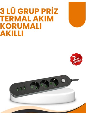 Nevamel 2 Metre Kablolu 3 USB Portlu Anahtarlı Üçlü Priz