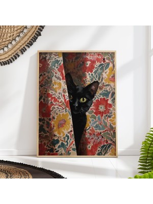 Ninastore Siyah Kedi Duvar Sanatı – Vintage Çiçekli Perde Posteri – Oturma Odası Için Kır Evi Tarzı Kedi