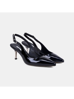 Desa Kadın Siyah Slingback Sivri Burunlu Rugan Deri Stiletto
