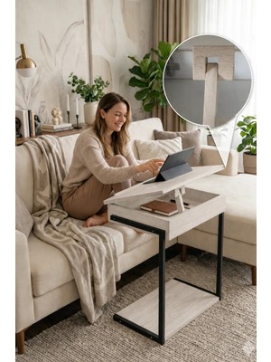 Maison Linden Meşe Tekerlekli C Sehpa Açılır Kapaklı Laptop Masası Gizli Depolama 50X34X65 cm