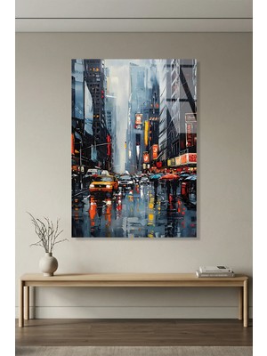 Vitraum Yağmurlu New York Caddesi ve Sarı Taksiler Cam Tablo, Ev ve Ofis Uv Baskılı Premium Kırılmaz 4mm