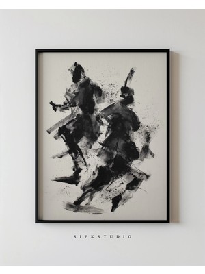 Ninastore Soyut Samuray Duvar Sanatı - Mürekkep Sıçraması Tarzında Modern Siyah Beyaz Savaşçı Sanat Baskısı,