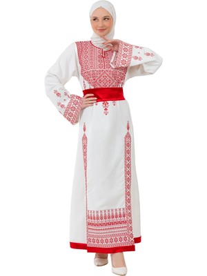 Zaytoon Filistin Nakışlı Modern Beyaz Kaftan Elbise - Geleneksel Şıklık