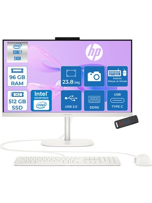 Hp Omnistudio 24-CU0015NT Intel Core 7 240H 5.2 Ghz 96GB Ddr5 512GB SSD Freedos Dokunmatik 23.8" Fhd (1920 x 1080) 75HZ Wled IPS Beyaz All In One Bilgisayar HPD62KSEAF29+ Zetta Bellek